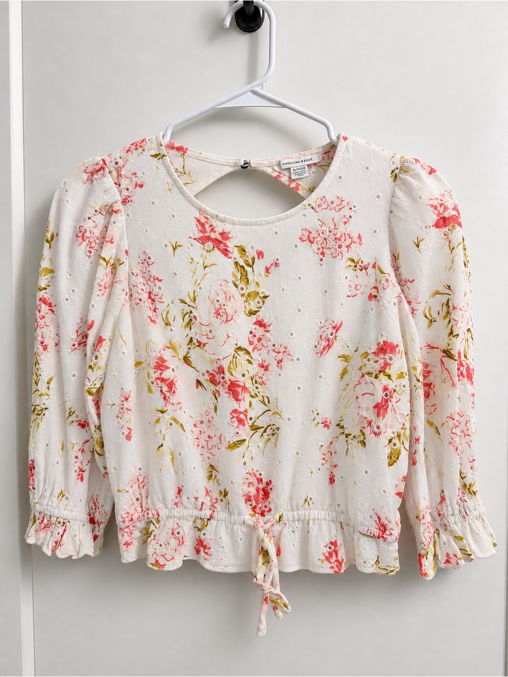American Eagle Outfitters White Floral Eyelet Peplum Tie-Front Blouse